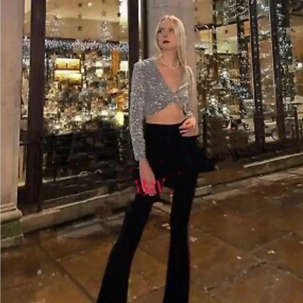 Zara Silver Sequin Knotted Long Sleeve Crop Top size XS Side Zipper